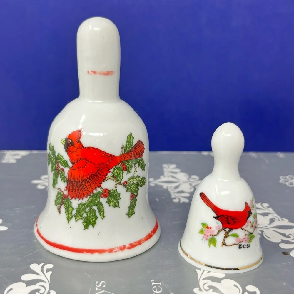 Pair of Porcelain Hand Bells Vintage Cardinal Bird Floral